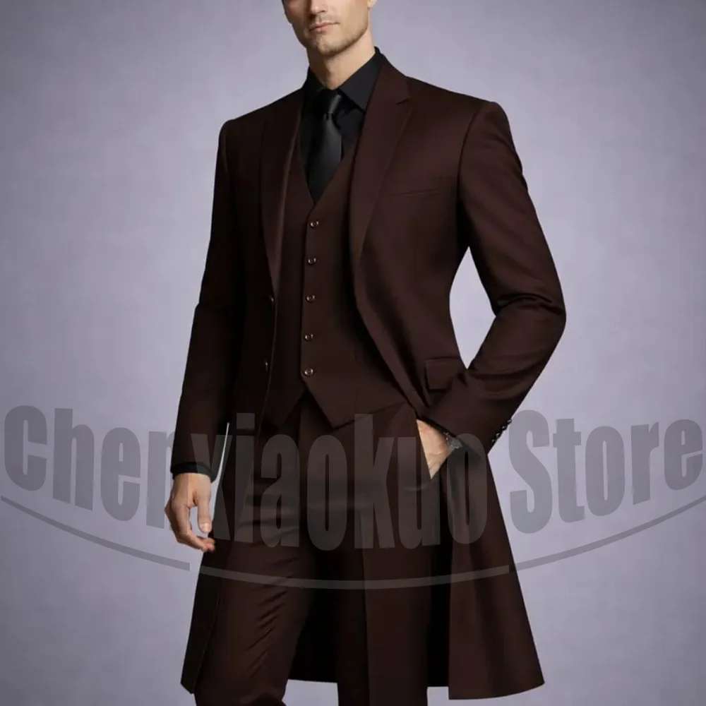 

Men Dark Brown 3 Piece Tailcoat Suit Notched Lapel Single Breasted Wear Formal Wedding Groom Party Banquet Gentleman Outfit