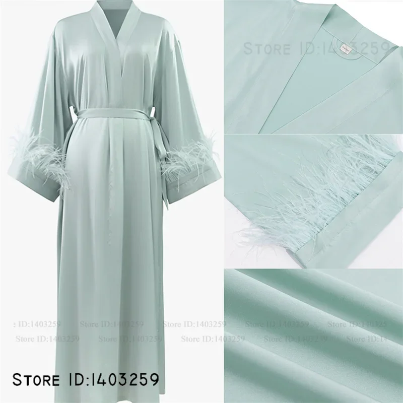 

Elegant Wedding Long Robe Nightgown 2Pcs Set Spring Summer New Sleepwear Bathrobe with Feather Cuffs Loose Silk Satin Sleepwear