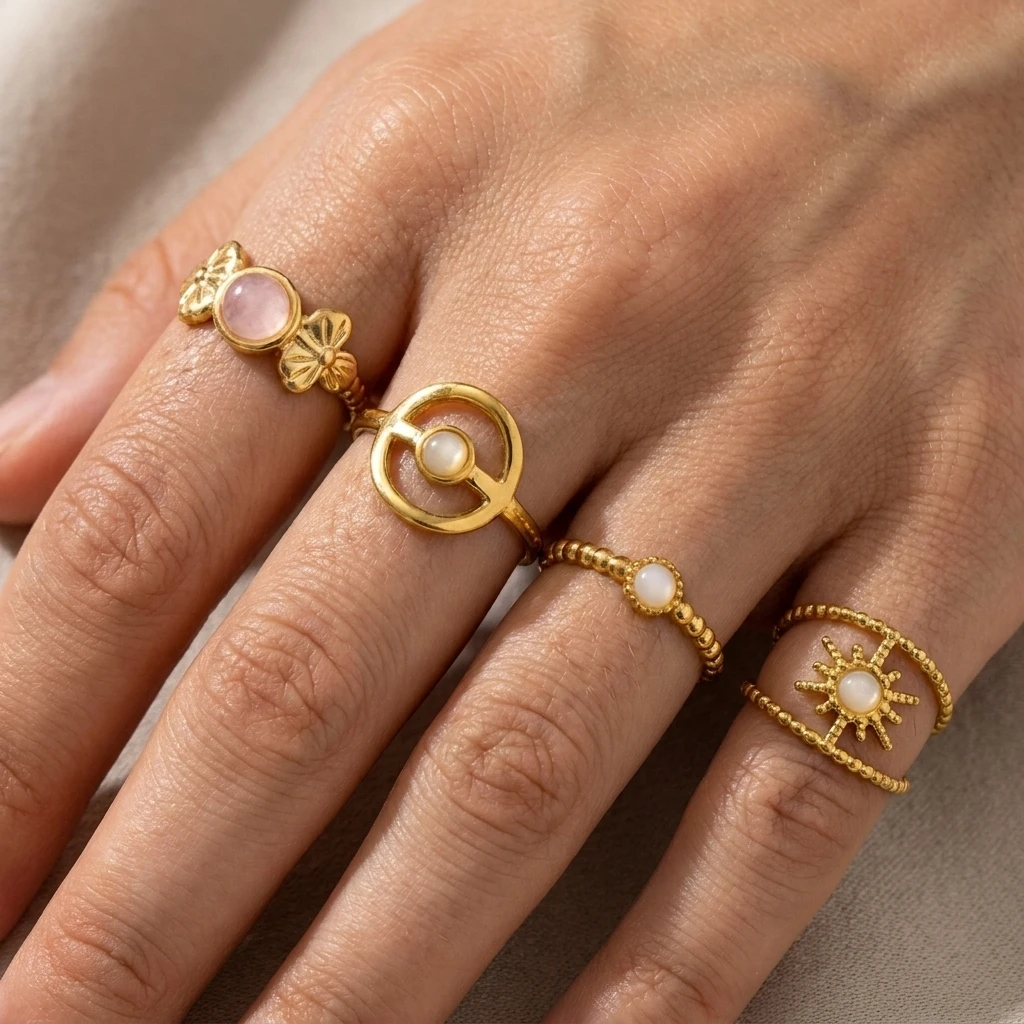 5PCS/Set Bohemian Style Geometry Hoop Ring Set Stainless Steel Hollow Vintage Ladies Stackable Finger Ring Jewelry Gift