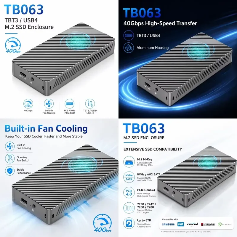 AP01 for Active Cooled 3 USB4 M.2 SSD Enclosure 40Gbps NVMe SATA Dual Protocol 8TB Max Aluminum Case