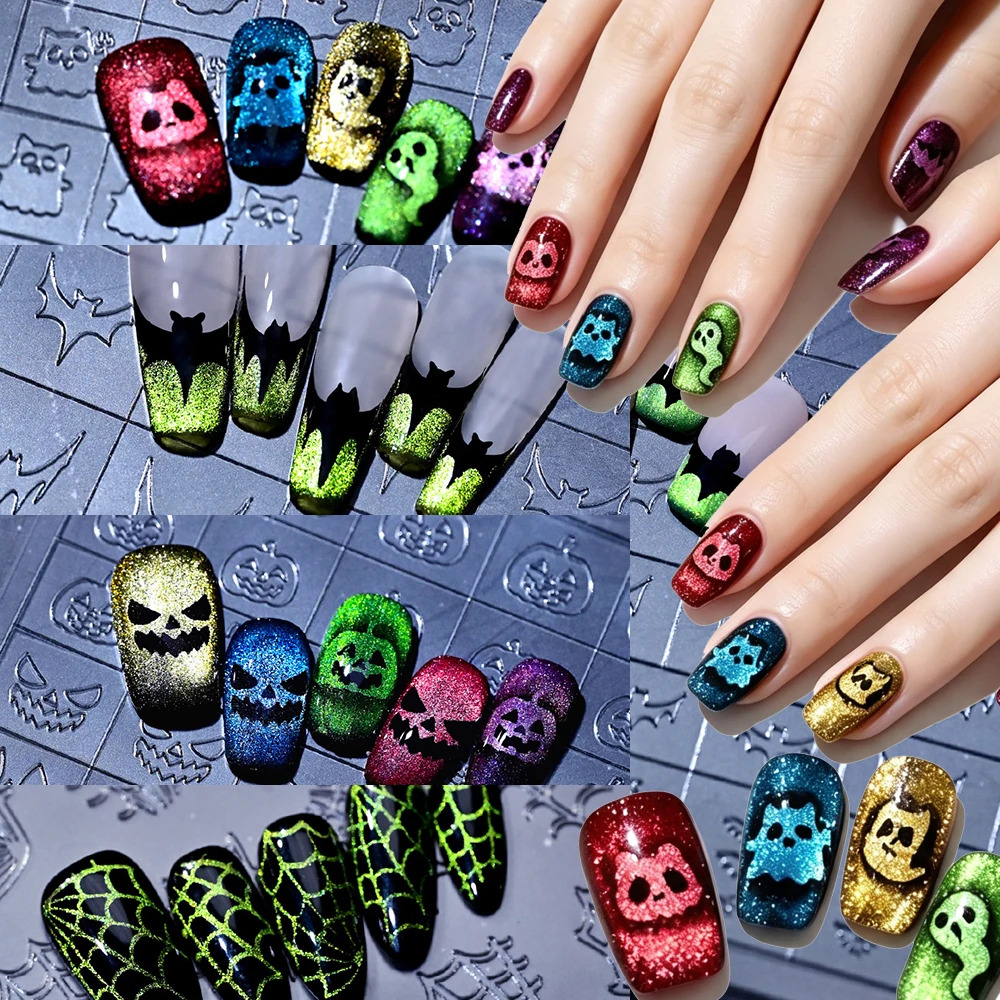 3D Halloween Airbrush Stencil Nail Stickers Hollow French Pumpkin/Bat/Spider/Web/Ghost Spray Painted Manicure Airbrush Slider