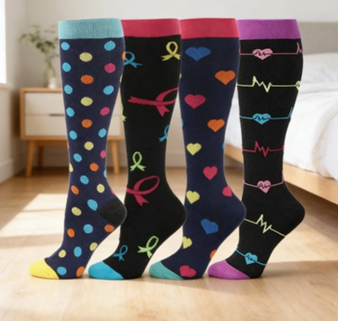 

Носки до колена с ярким принтом в виде ленты в форме сердца, хлопковые носки, повседневные повседневные удобные носки, 4 пары модной обуви 2026
