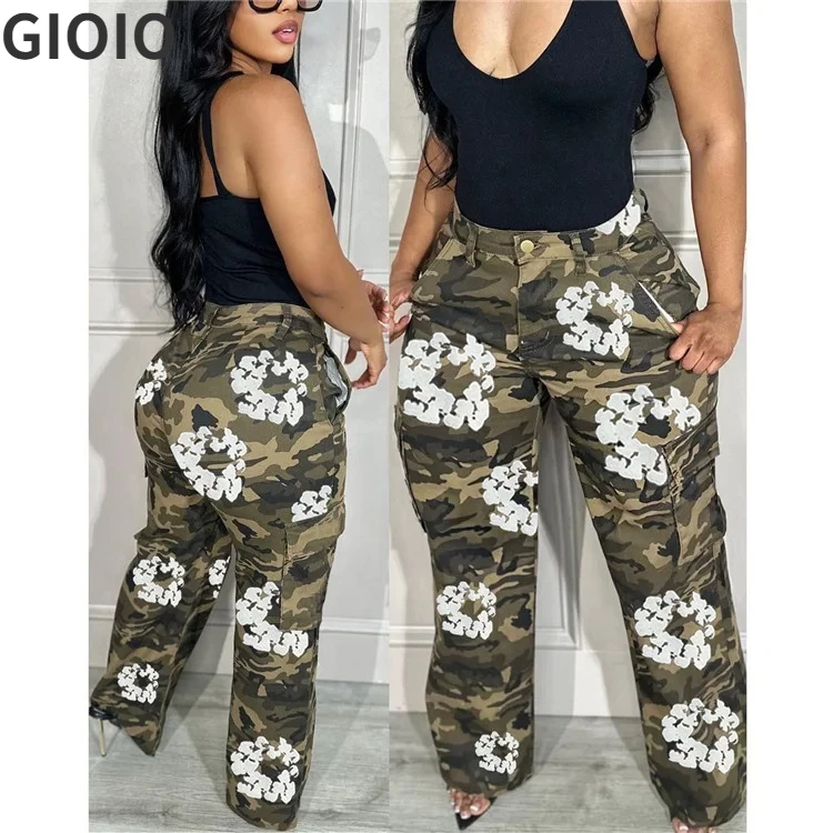 GIOIO Casual Flower Camouflage Print Cargo Pants Women High Waist Button Pocket Trousers Female Sport Straight Bottoms