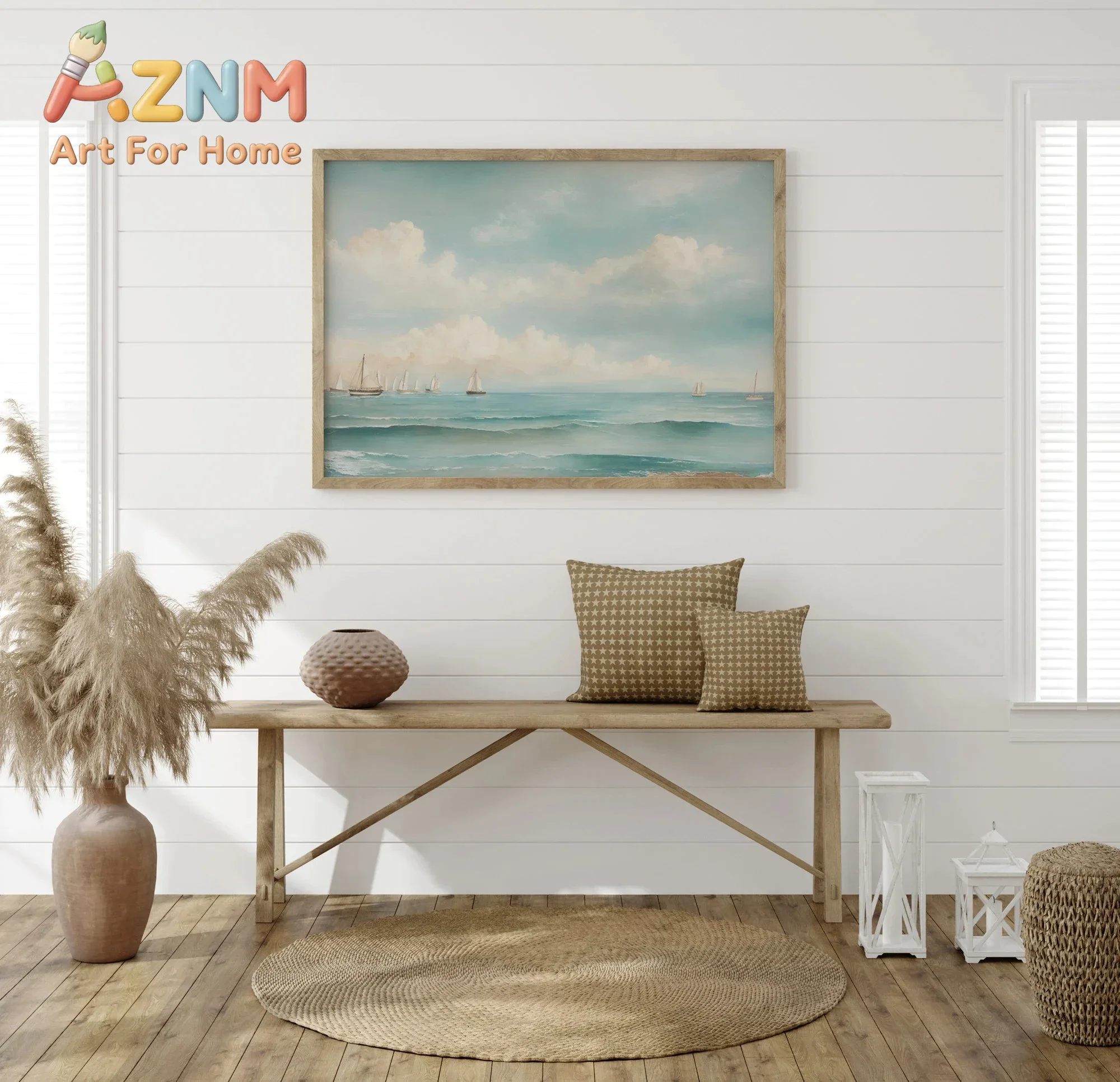 Retro Watercolor Ocean Wall Art Poster Nautical Sailboat Oil Painting Prints on Canvas Living Room Home Decor Gift Idea