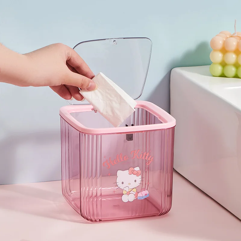 Kawaii Hellokitty Transparent Desktop Trash Can with Pop-Up Lid Cute High-Value Garbage Bin for Bedroom Living Room Home Office