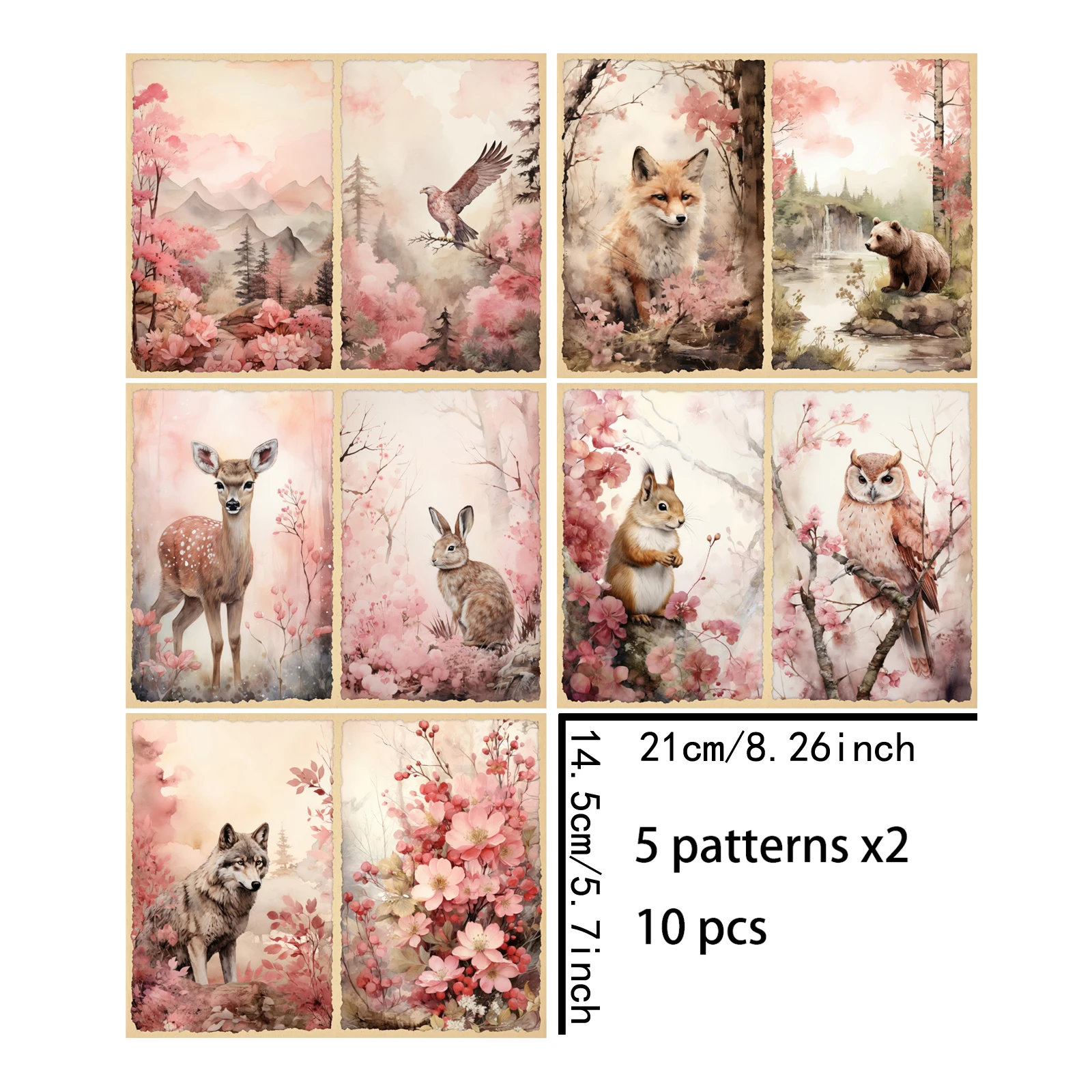 10 Sheets A5 Size Animal Forest Pink Background Vintage Grunge Journal Planning Scrapbooking