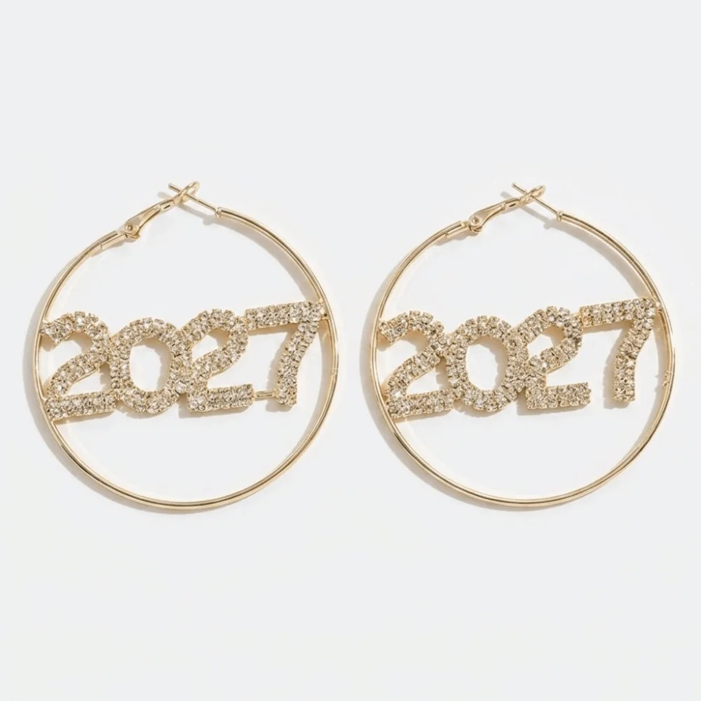 Trendy Elegant 2027 Digital Earrings Rhinestone Fashion Happy New Year Earrings Shiny Long Drop Stud Earrings Christmas