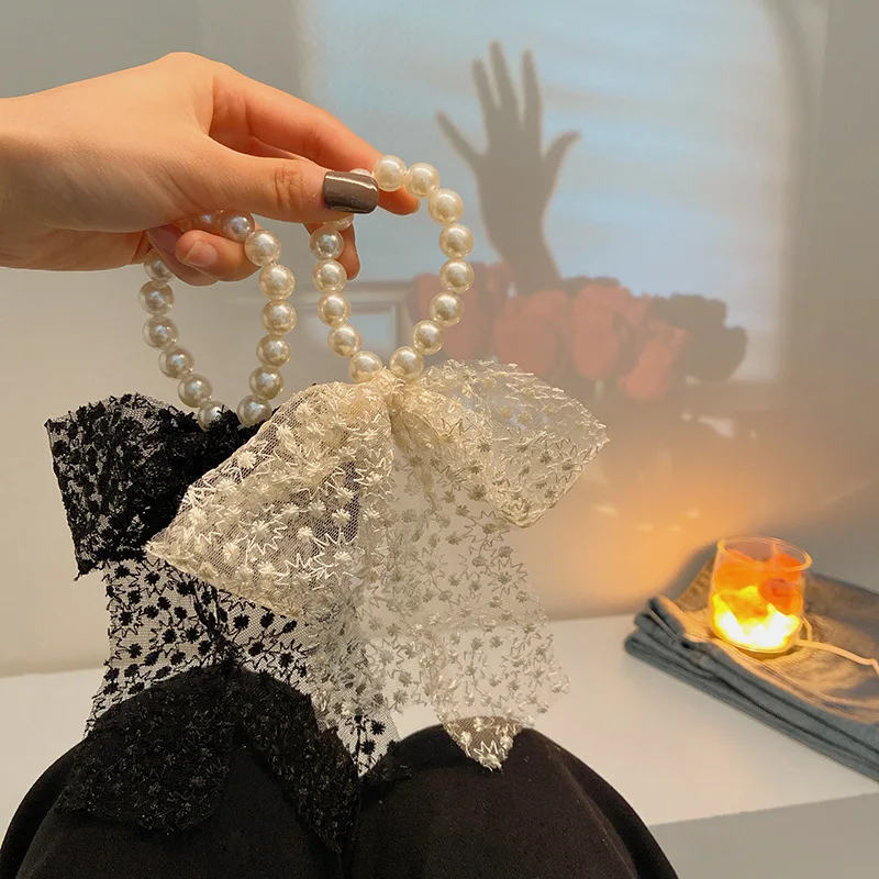 Ethereal French Bow Hair Tie Lace Pearl with Ribbon for Women Summer Ponytail Premium Soft Elastic Stretchy Headband