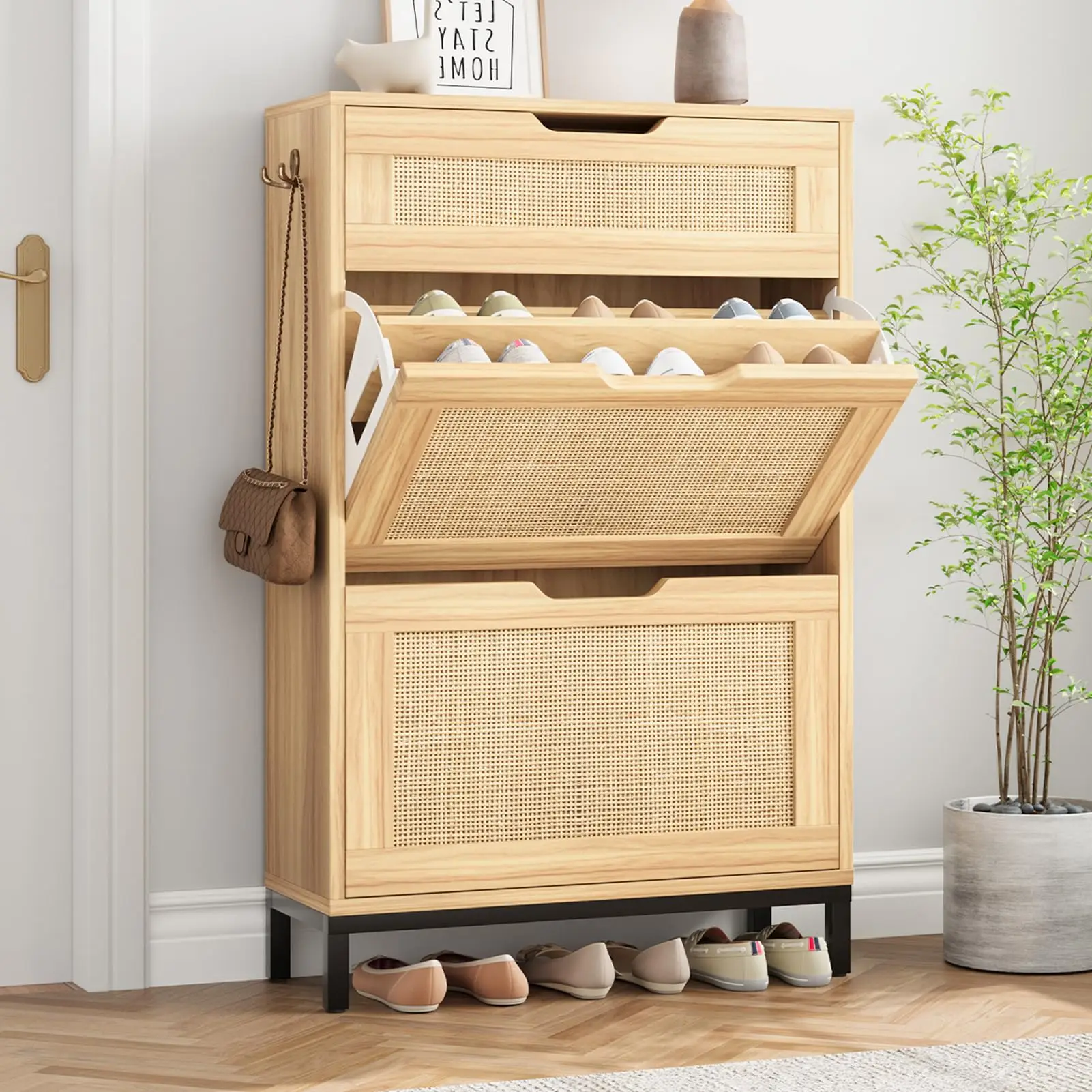 

Boho-Narrow Wood Shoe Cabinet with 2 Flip Drawers Free Standing Entryway Storage for Rattan Shoes for Foyer Hallway Living Room