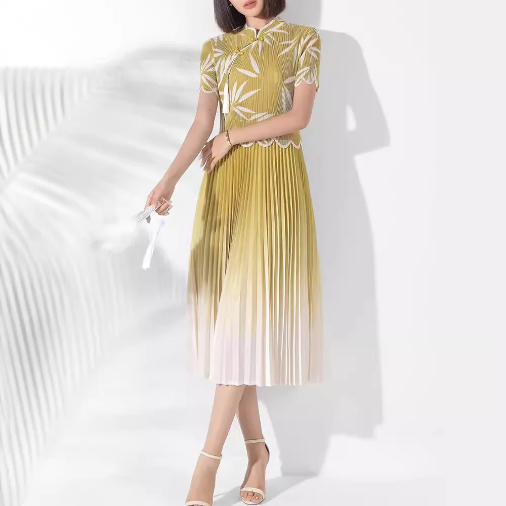 

Miyake New Chinese Style Cheongsam Printed Dress 2024 Women's Summer New High-end Gradient Pleated Pleated Skirt