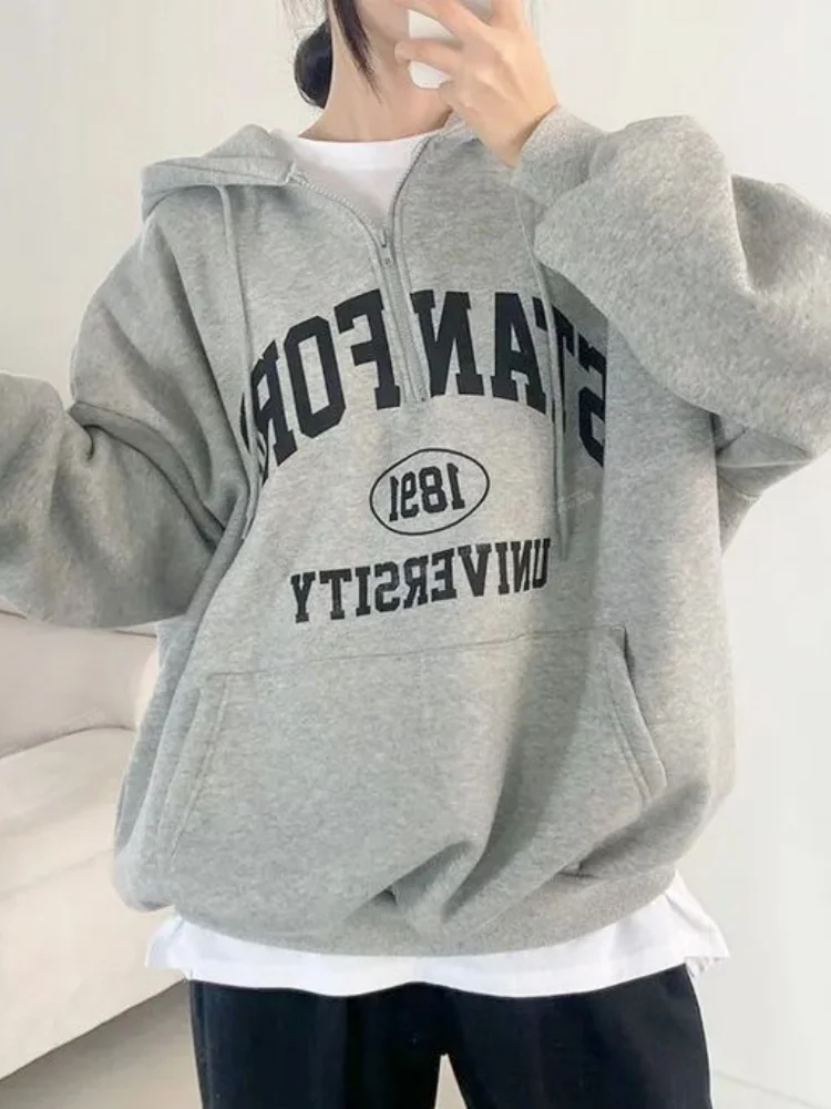 

High Quality Winter Velvet Loose Hoodie Retro Letter Badge Preppy Tops Gray Sweatshirt Half Zipper Sweet Sexy Girls Harajuku Y2K