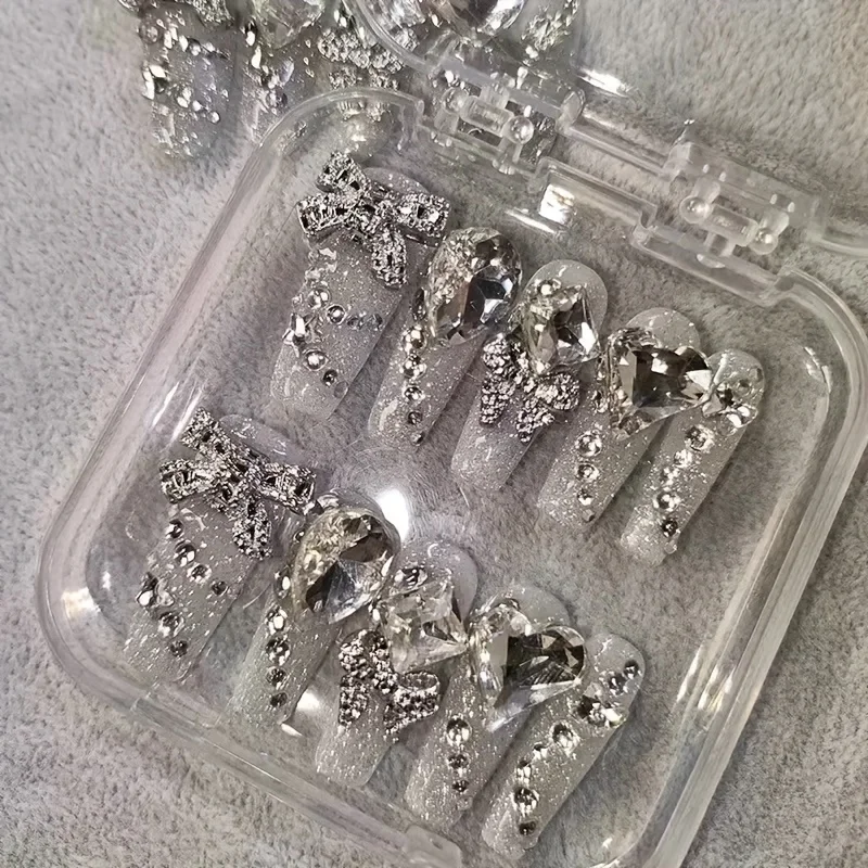 10 قطع من أظافر المزيفة المصنوعة يدويًا من الفضة الراقية مع رقعة تزيين أظافر فتاة فاخرة طويلة المزاجية #2