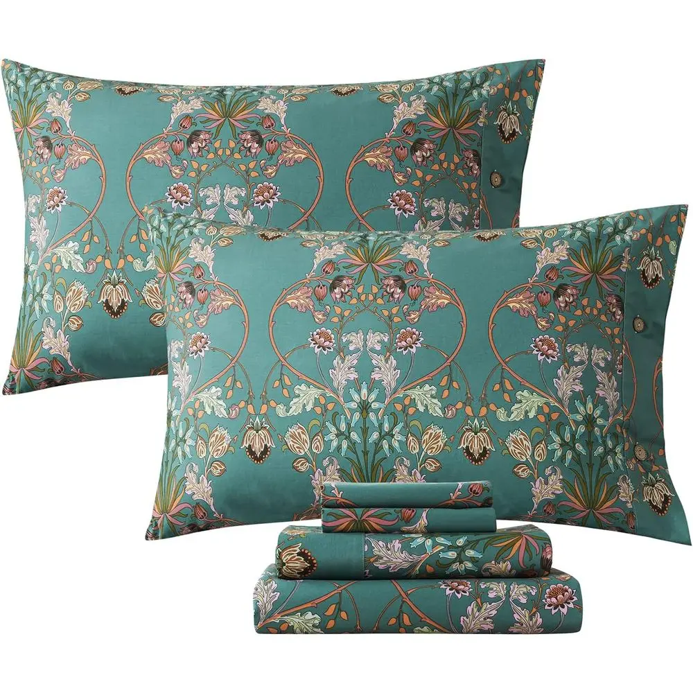 

Vintage Percale Cotton Sheet Set - Teal Blue & Orange, American Country Style Bedding, 4-Piece Luxury Deep Pocket Sheets