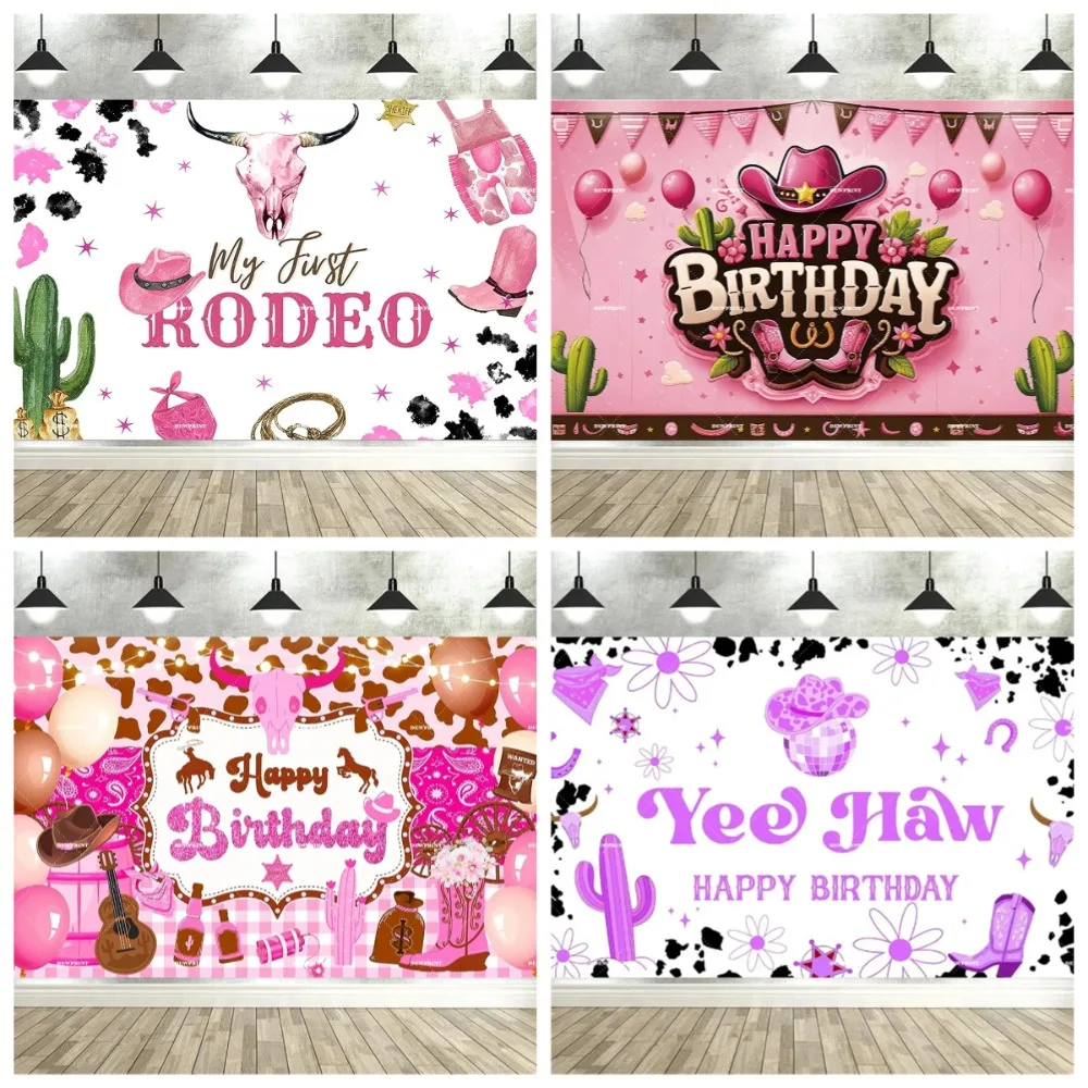 

Wild Country West Cowboy Birthday Party Banner Backdrop, Pink Boots Hat Background, Family Party Decoration Photography Backdrop