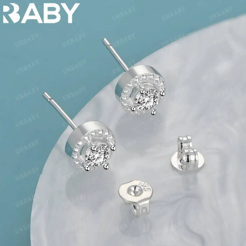 

URBABY 925 Sterling Silver Zircon Round Stud Earrings For Women Fashion Jewelry Party Engagement Wedding Accessories
