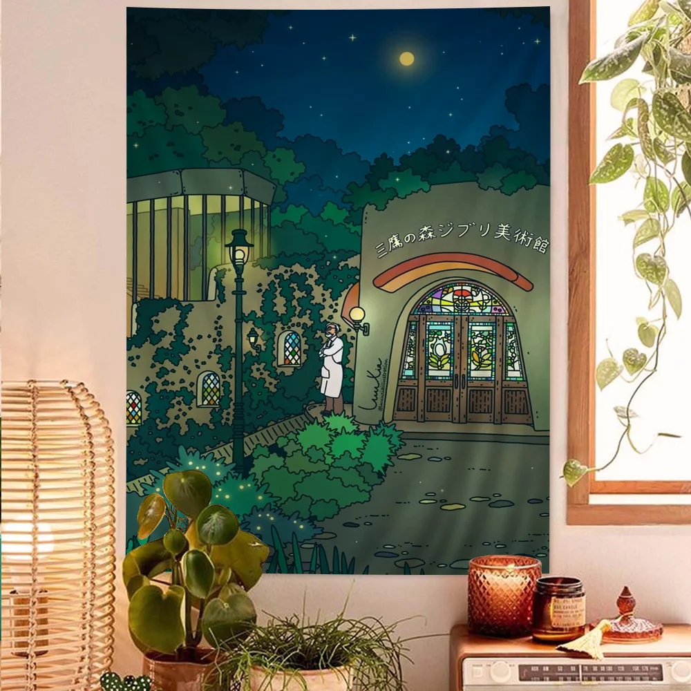 Aesthetic Neon City Night Moon Art Tapestry – Japanese Anime-Style Printing, to Enhance Home Decor & Room Atmosphere