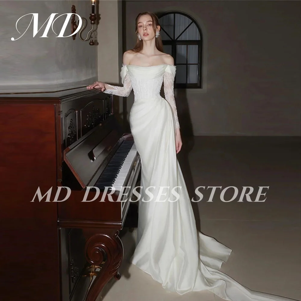 

MD 2025 Modern Mermaid White Wedding Dresses Lace Full Sleeve Off the Shoulder Pleat Bride Gowns vestidos de novia Customized