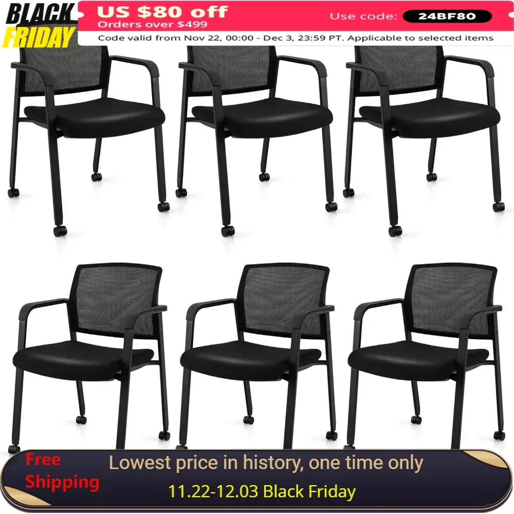 Conference Chairs Set of 6 with Armrests and PU Wheels, Stackable Office Guest Mesh Chair, Rolling Conference Chairs