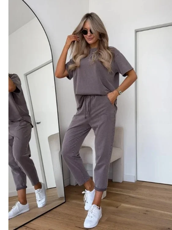 

Women's Casual T-irt And Pants Set ort Sve Pure Color Comfortable Breathable Summer Outfit Two-Piece Suit round Ne