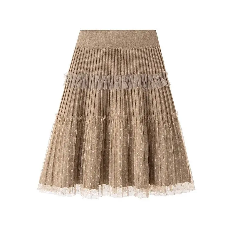 Y2k Summer Lace Mesh Stitching Knit Skirt Women Autumn Half-length New Khaki Pleated Slim A-line Sexy Skirt Elasticity Waist