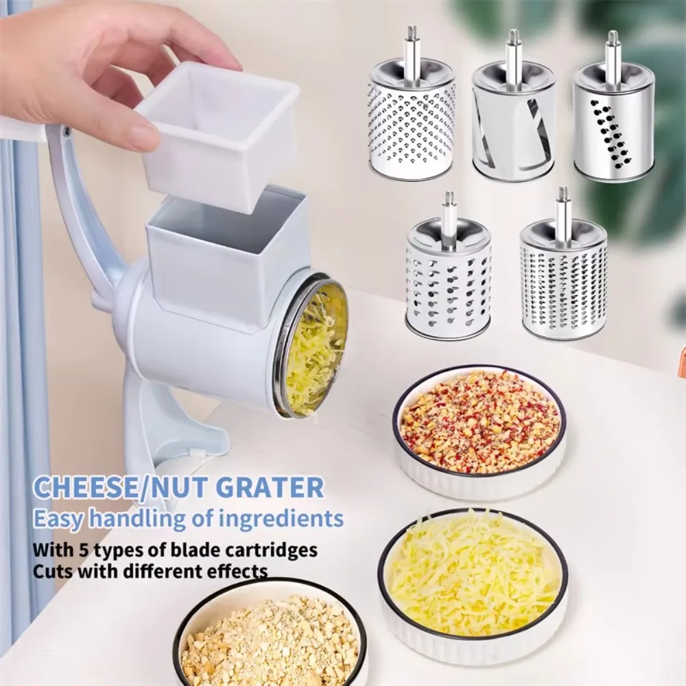 Manual Cheese Grater Shredder Stainless Steel Hand Crank Grinder with 5 Interchangeable Blades for Vegetable Cheese Nuts Kitchen