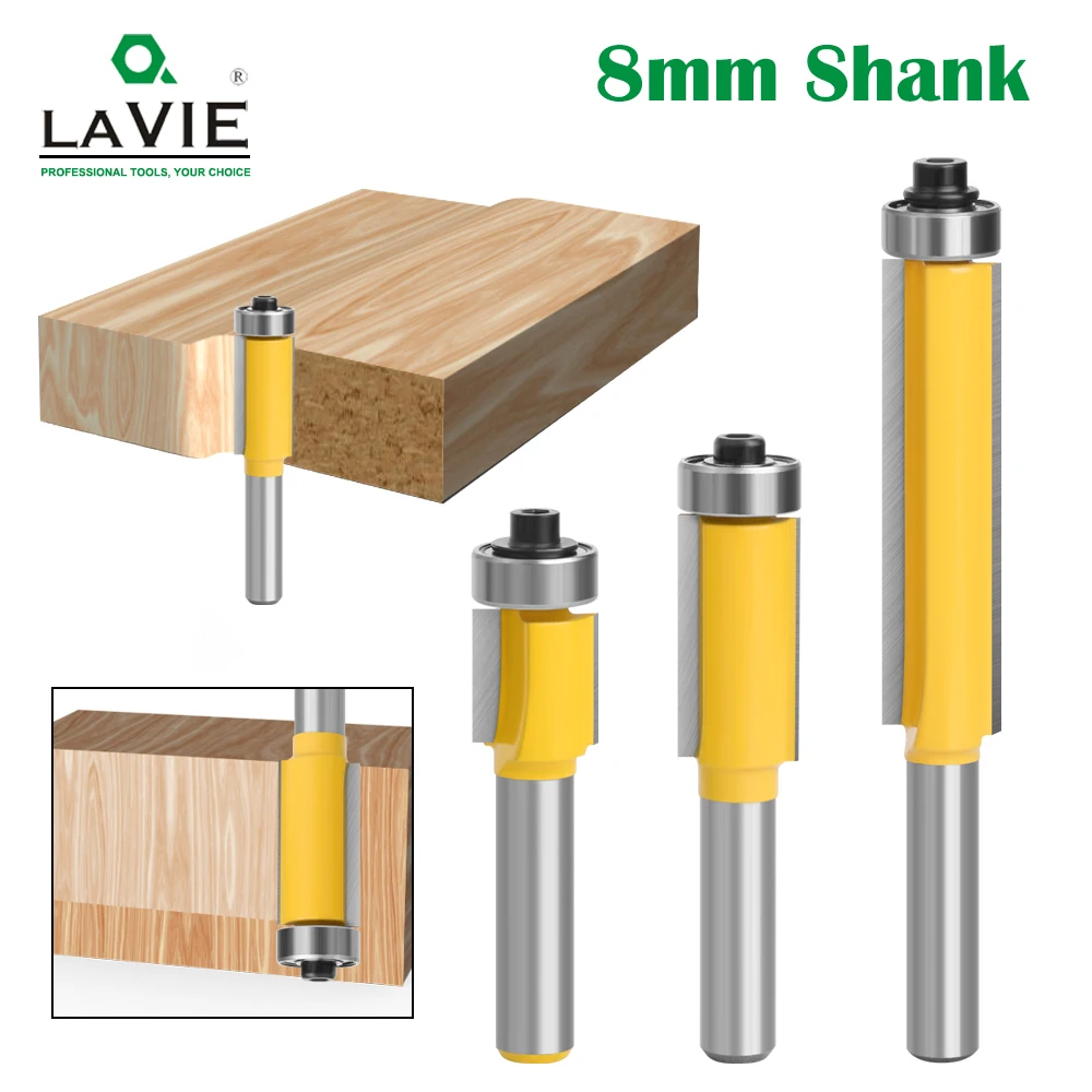 LAVIE-Lâmina Longa Flush Guarnição Router Bit com Rolamento, Carboneto de Tungstênio Fresa, Madeira Modelo Padrão Bit, 8 milímetros Shank