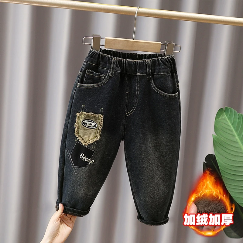 

Boys' fleece-lined jeans, autumn and winter children's pants, 2025 new thickened integrated fleece pants for boys, baby casual p