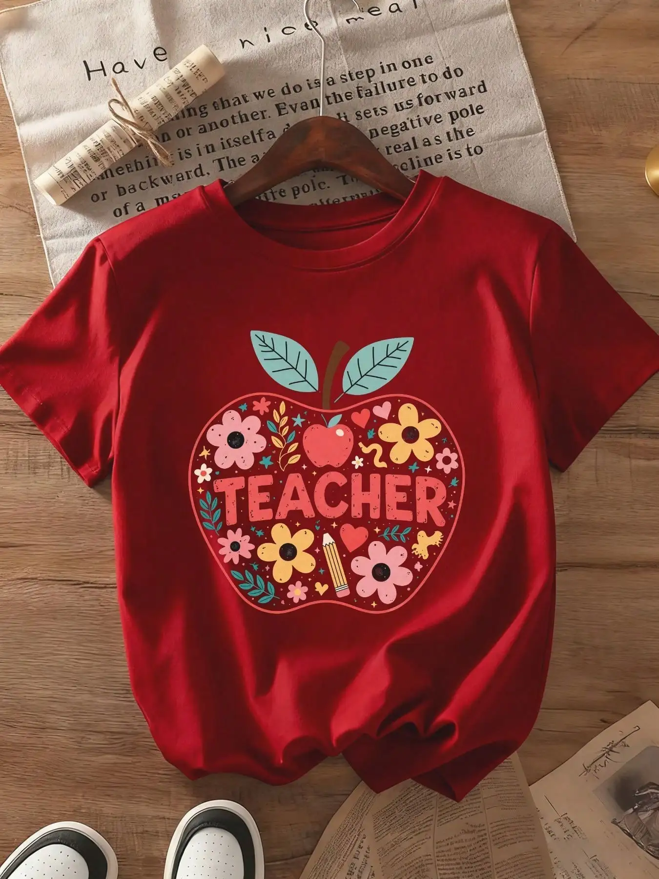 Red Short-Sleeved T-Shirt - With Stylized Apple Pattern (Colorful, Red Heart, 
