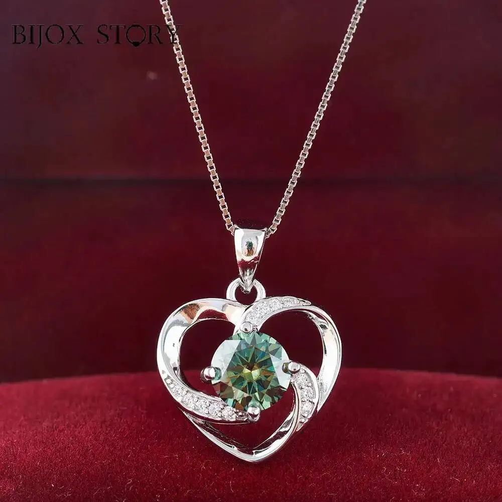100% Blue Green Moissanite Necklace Pendant For Women 1.0ct  925 Silver Jewelry Wedding Sparkling Round Cut Moissanite Pendant