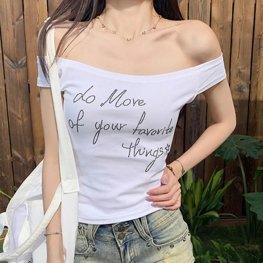 

Retro Ins Off Shoulder Crop Top Sweet Female Clothing Rhinestone T-shirt Slim Fit Bottoming Shirt Women Beachwear
