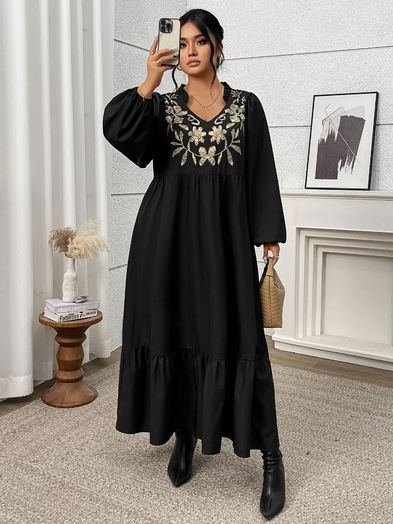 KEXU New Plus Size Women's Maxi Long Dress Print High Waist Slim Black Ruffles Casual A-line Long Sleeve Fall Street Dress