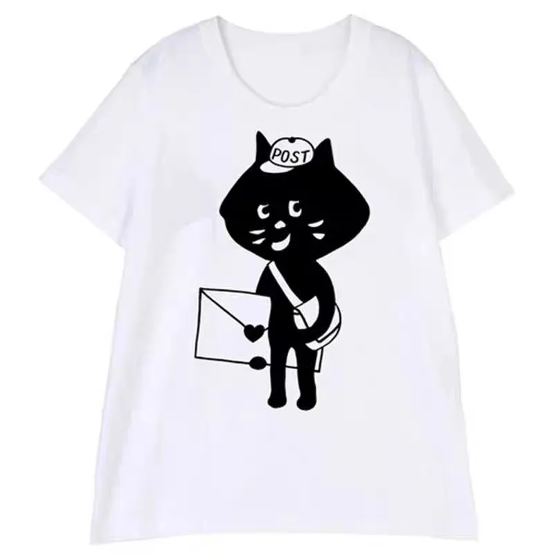 Japanese-style Cute Trend Surprise Cat Cartoon Short-sleeved T-shirt Made of Pure Cotton and Loose Fit