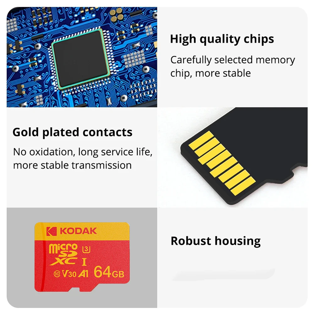 Kodak hoge snelheid ​ ​ Micro SD-kaart U3 Klasse 10, tot 100 MB/s, TF-geheugenkaart met adapter - Verkrijgbaar in 32 GB, 64 GB en 128 GB