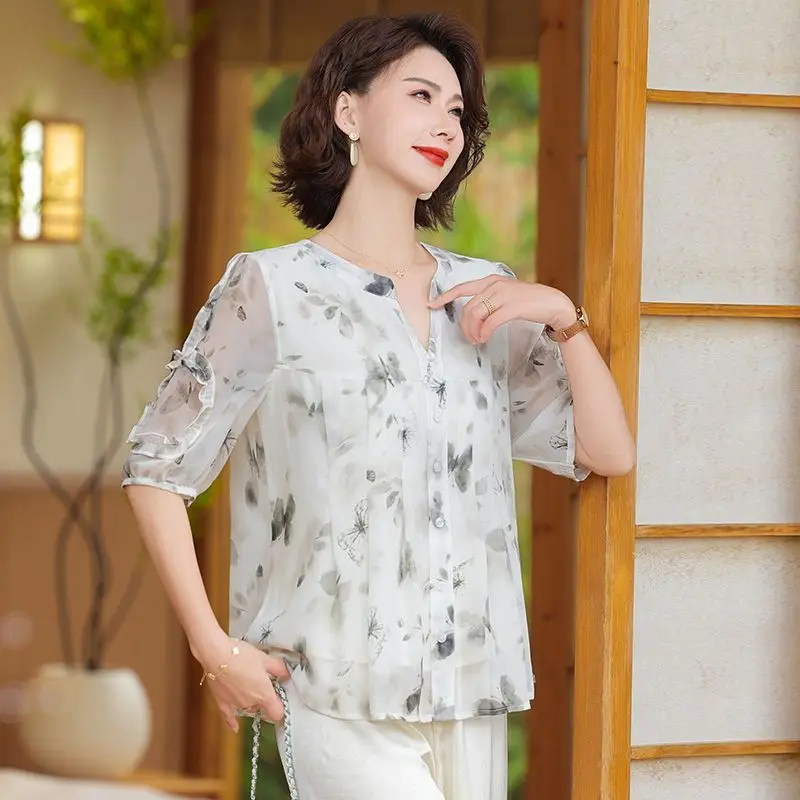 Mom Dress for Middle Aged Summer Clothes Fashionable and Slim Women's Shirt Tops Snow Woven