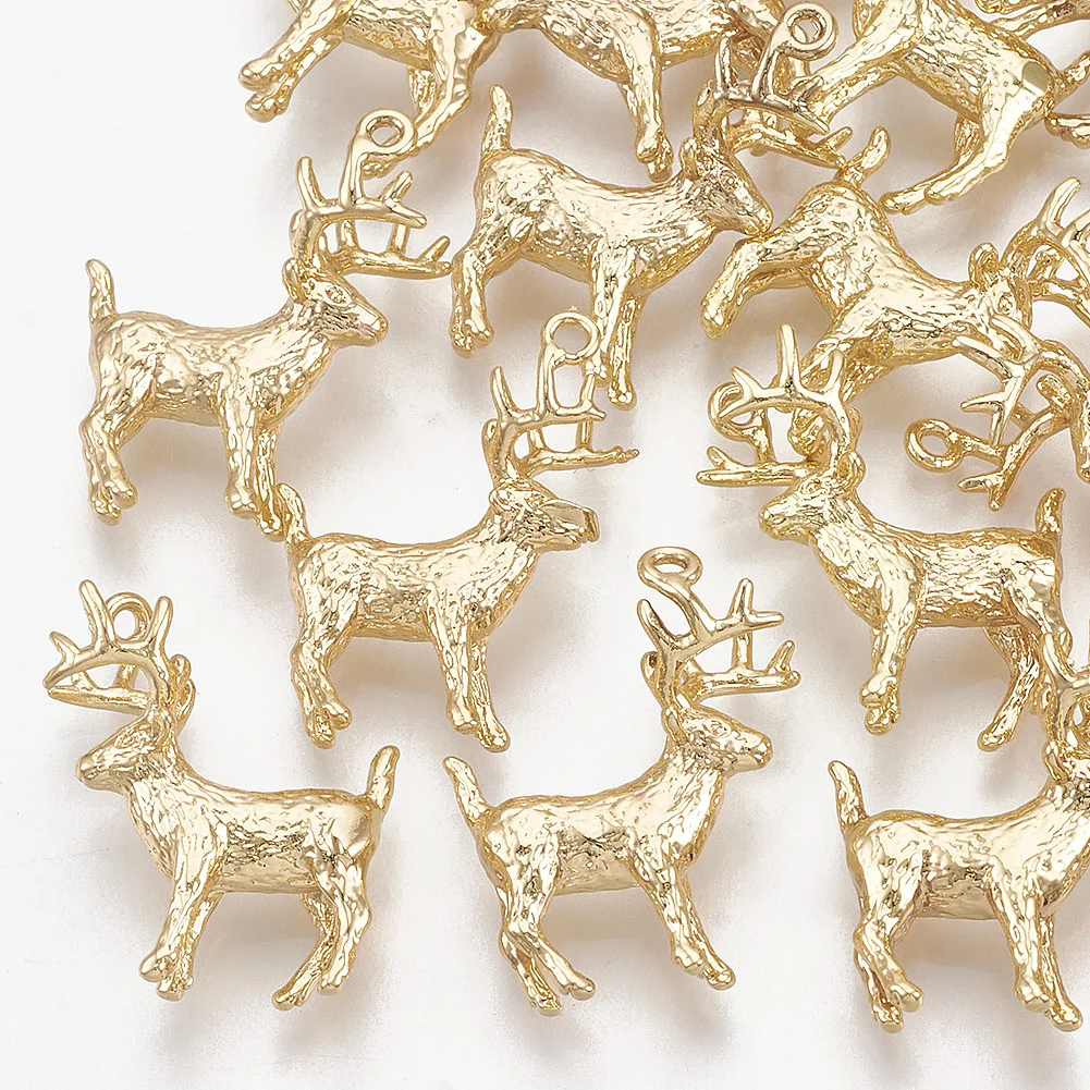 5pcs Christmas Reindeer Charms Brass Pendants Real 18K Gold Plated For Necklace Bracelet Earrings Cute Reindeer Pendant Supplies