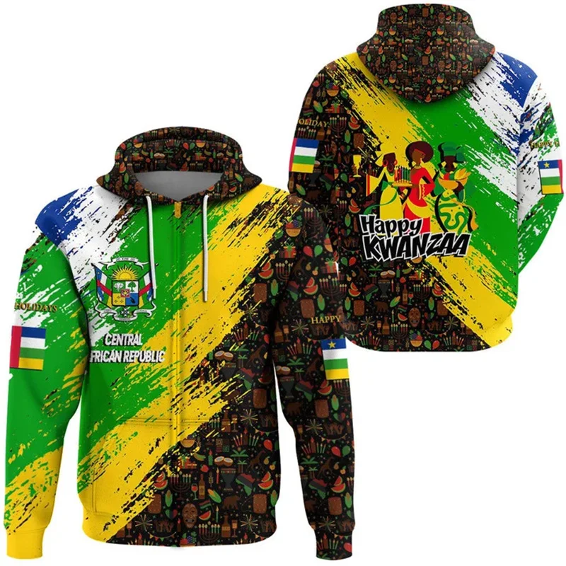 3D Printed The Central African Republic-of Falg Map Zip Up Hoodies For Men Fashion Streetwear Central African Zipper Sweatshirts