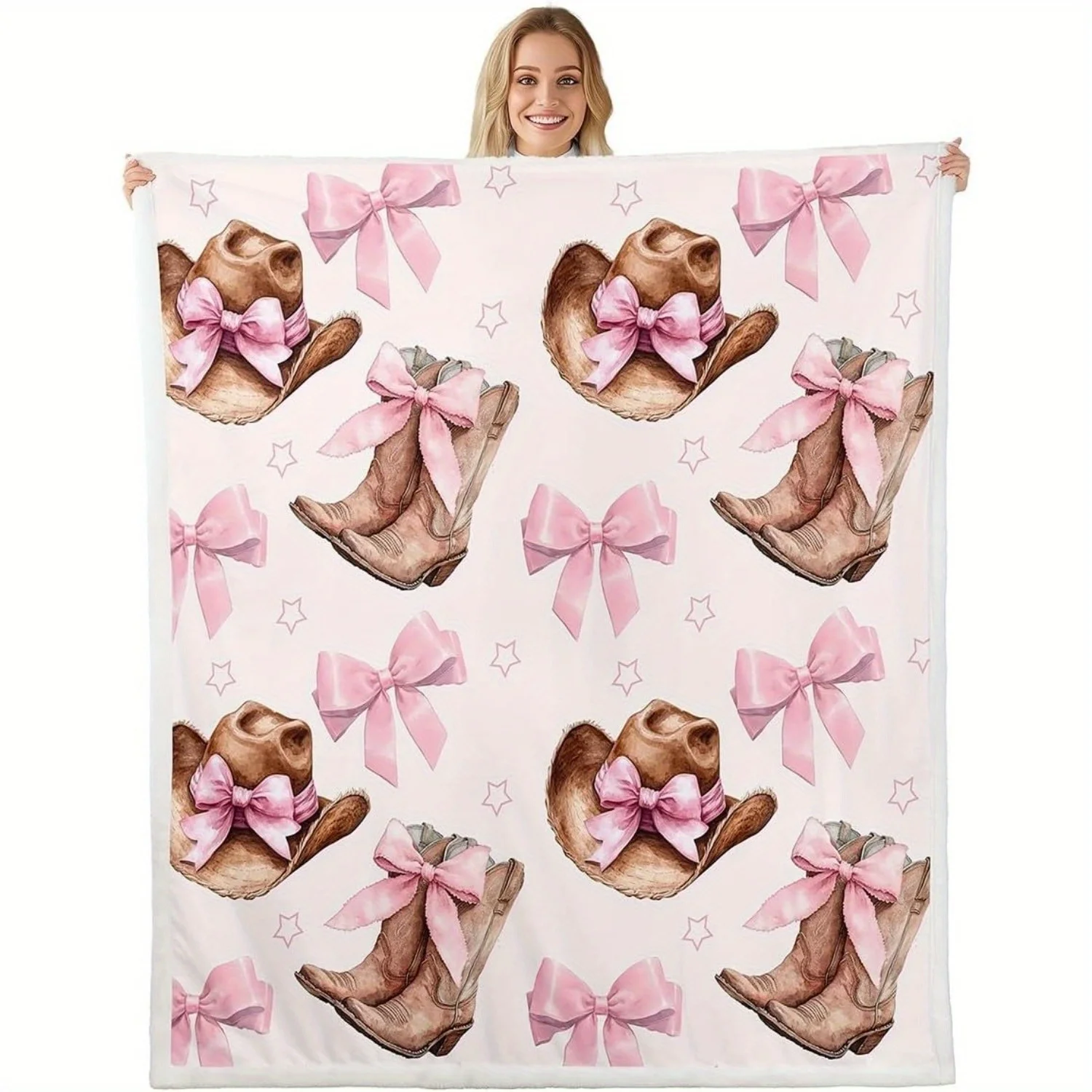 

[Allergy-Friendly Machine Washable Blanket] Cozy Vintage Western-Themed Throw Blanket - Cowboy Hat & Boots Design, Soft Flannel