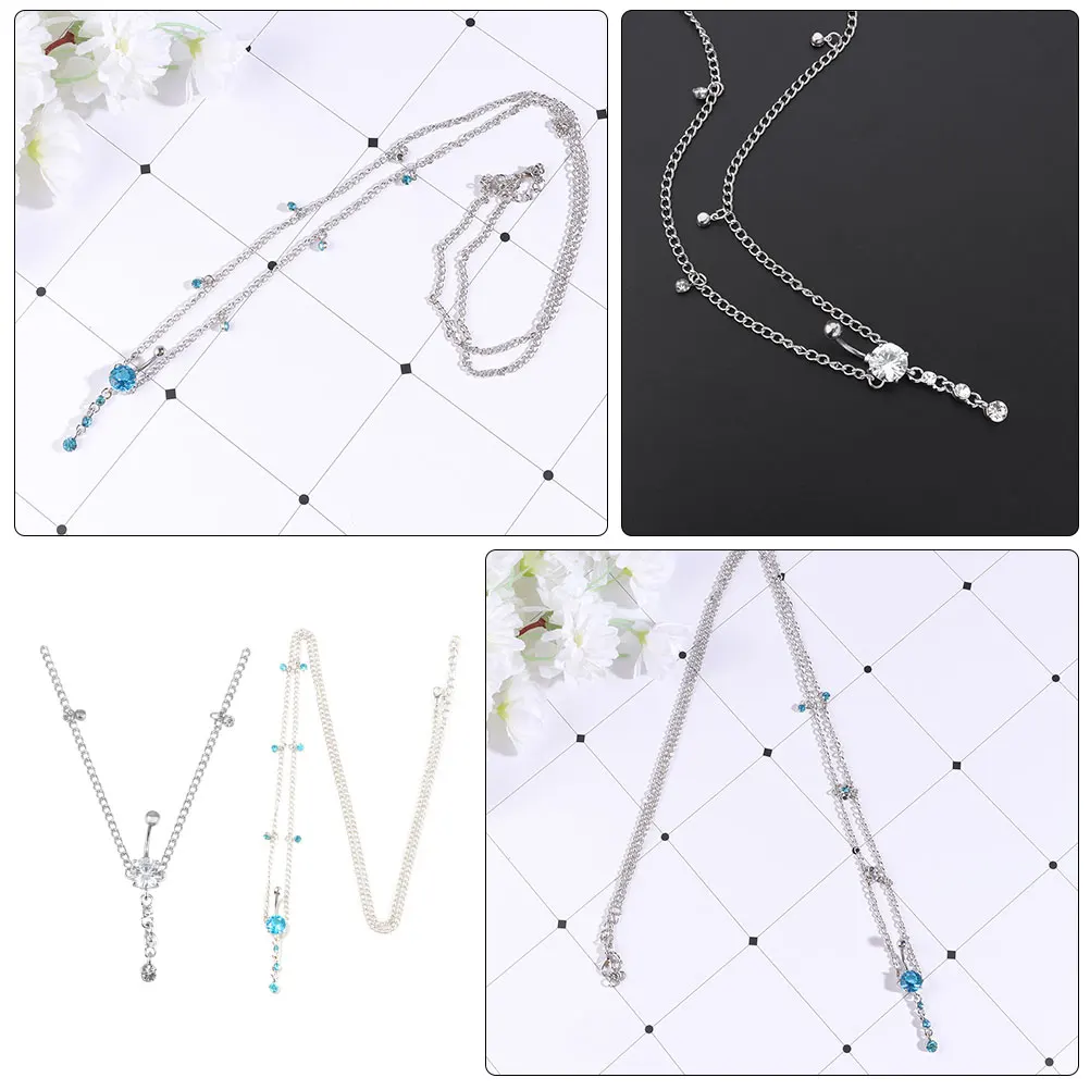 

2 Pcs Zircon Pendant Navel Ring Belly Necklace Chain Beach Barbell Umbilical Nail Chains for Women Bikini Button Rings Bars