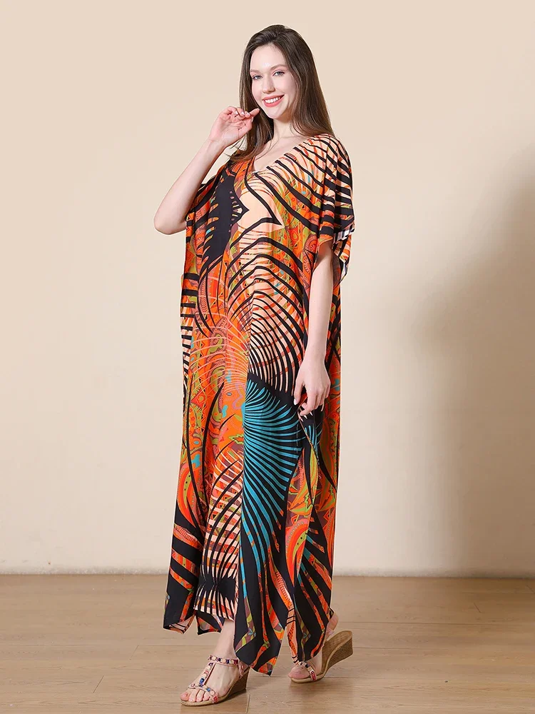 2025 nuevo vestido playero para mujer, vestido largo estampado elegante de talla grande para playa, traje de baño a la moda para verano, ropa de playa para cubrir vacaciones