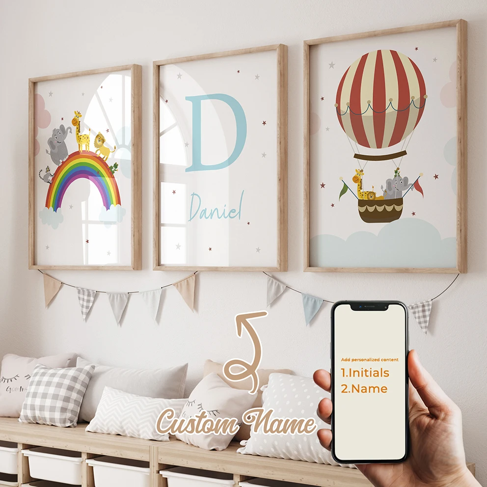 3 قطعة اسم مخصص شخصية الكرتون قوس قزح جدار الفن طباعة صورة قماش المشارك اللوحة لغرفة المعيشة الطفل ديكور المنزل