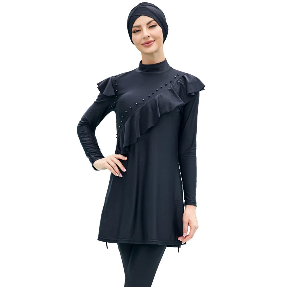 Elegante traje de baño islámico de manga larga para mujer, traje de baño con sombrero, sombreros musulmanes, Burkini suave a la moda, venta al por