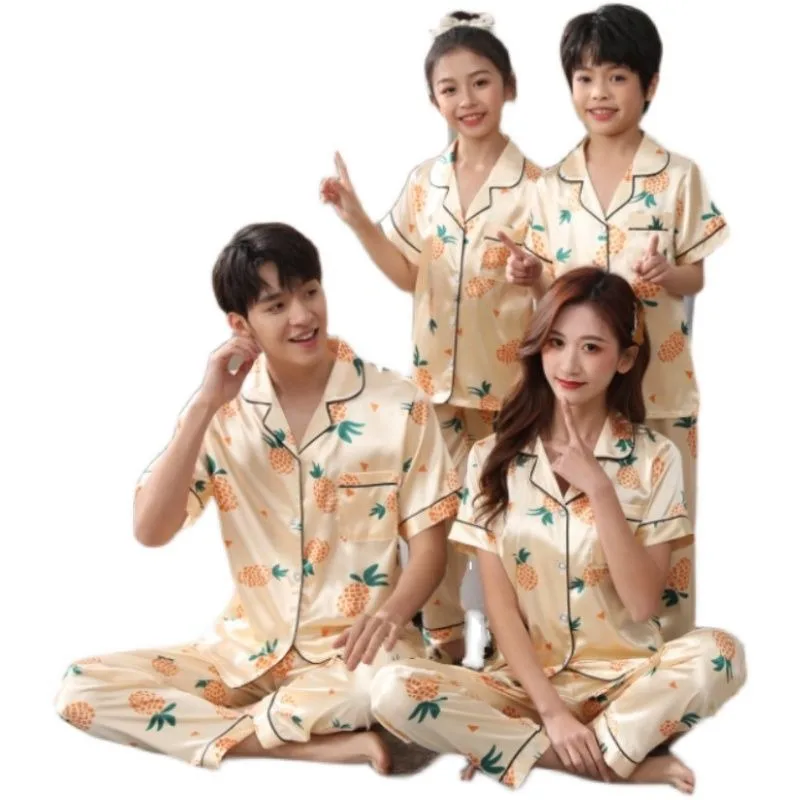 parent-child Pajamas summertime Short sleeve Ice silk New style A family of three or four Children boy Mother and son loungewear