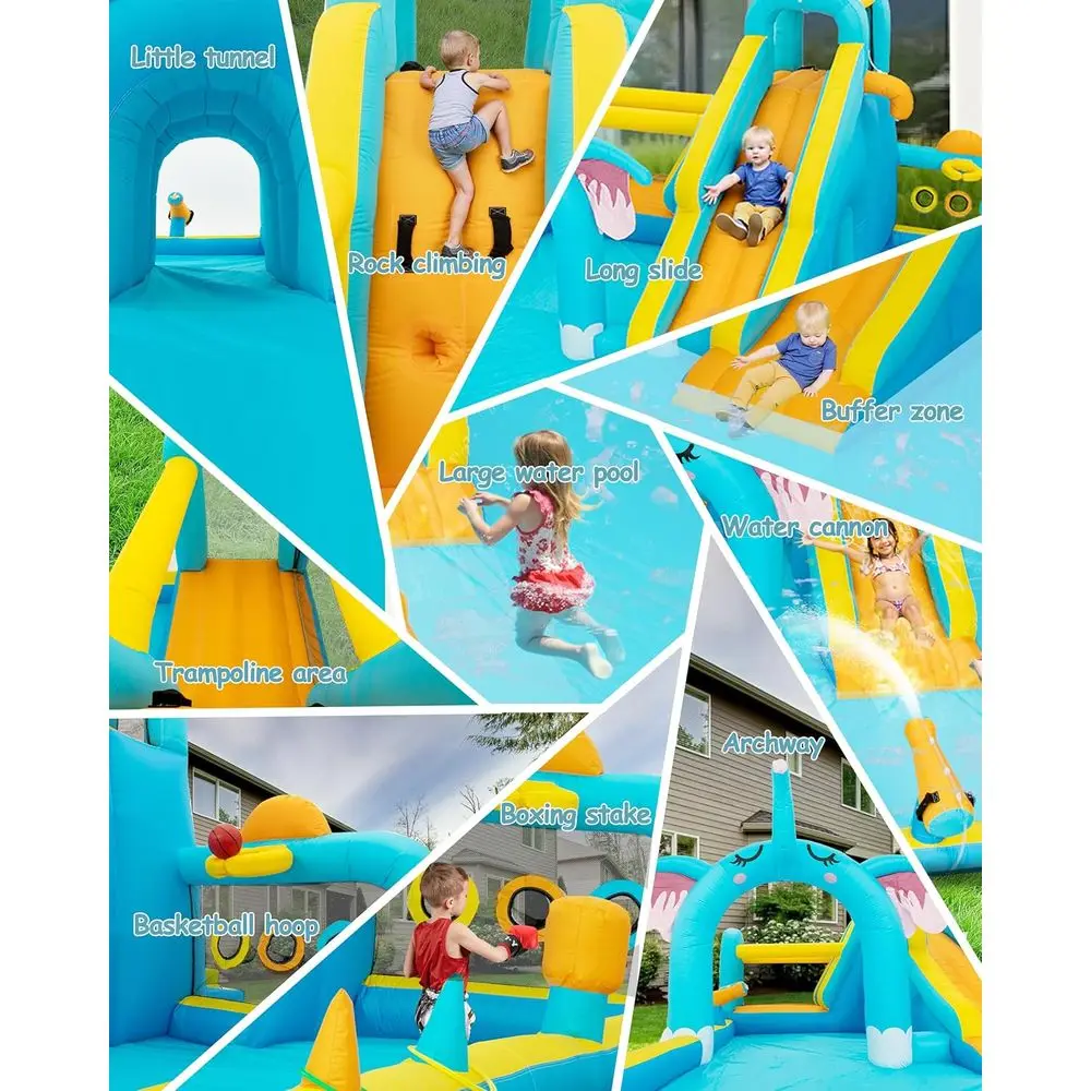 منزلق مائي قابل للاستخدام للأطفال، حديقة مائية على شكل فيل في الفناء الخلفي للصيف مع حمام سباحة كبير وشرائح طويلة، منزل ترتد Iatable، تسلق