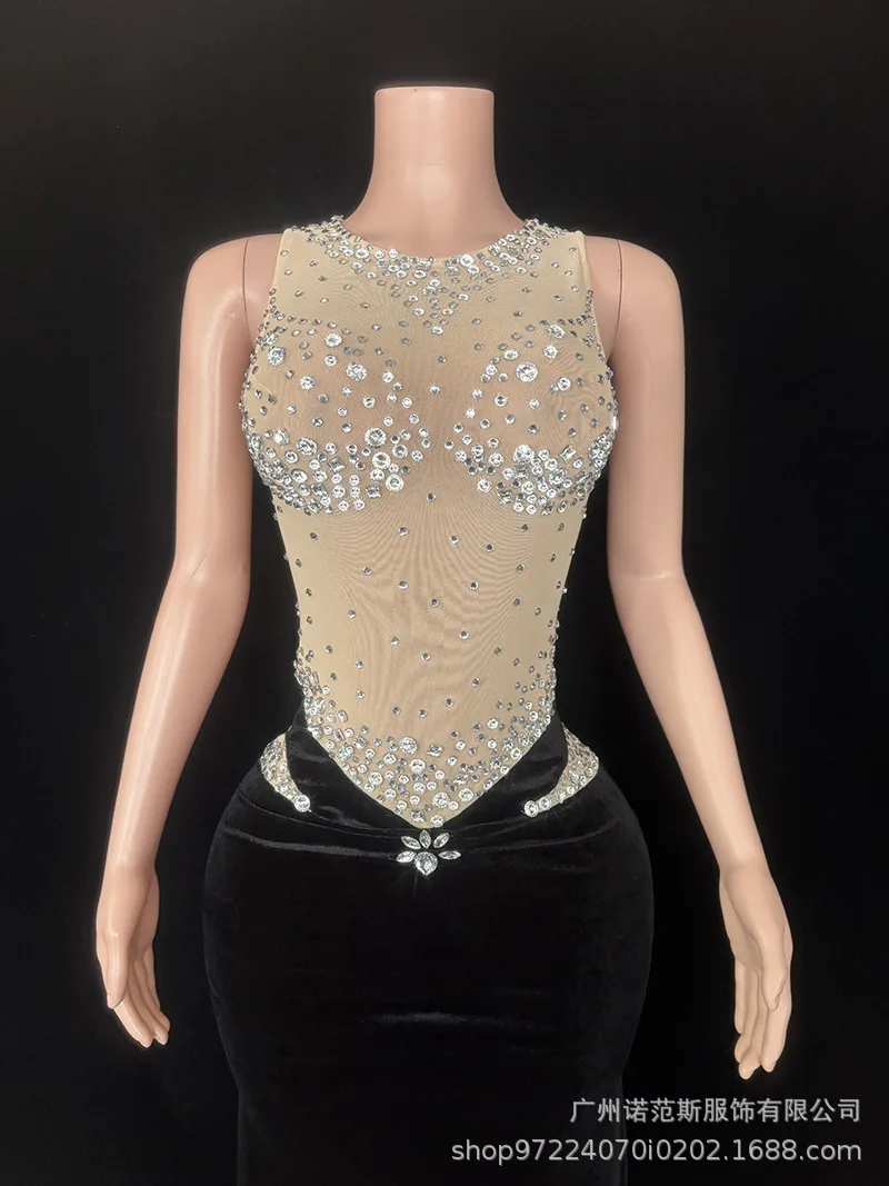 2026 فستان مثير أسود مخملي مزاجه حجر الراين أنثى كبار الشعور الاجتماعي عشاء أداء الملابس فستان الاجتماع السنوي #5