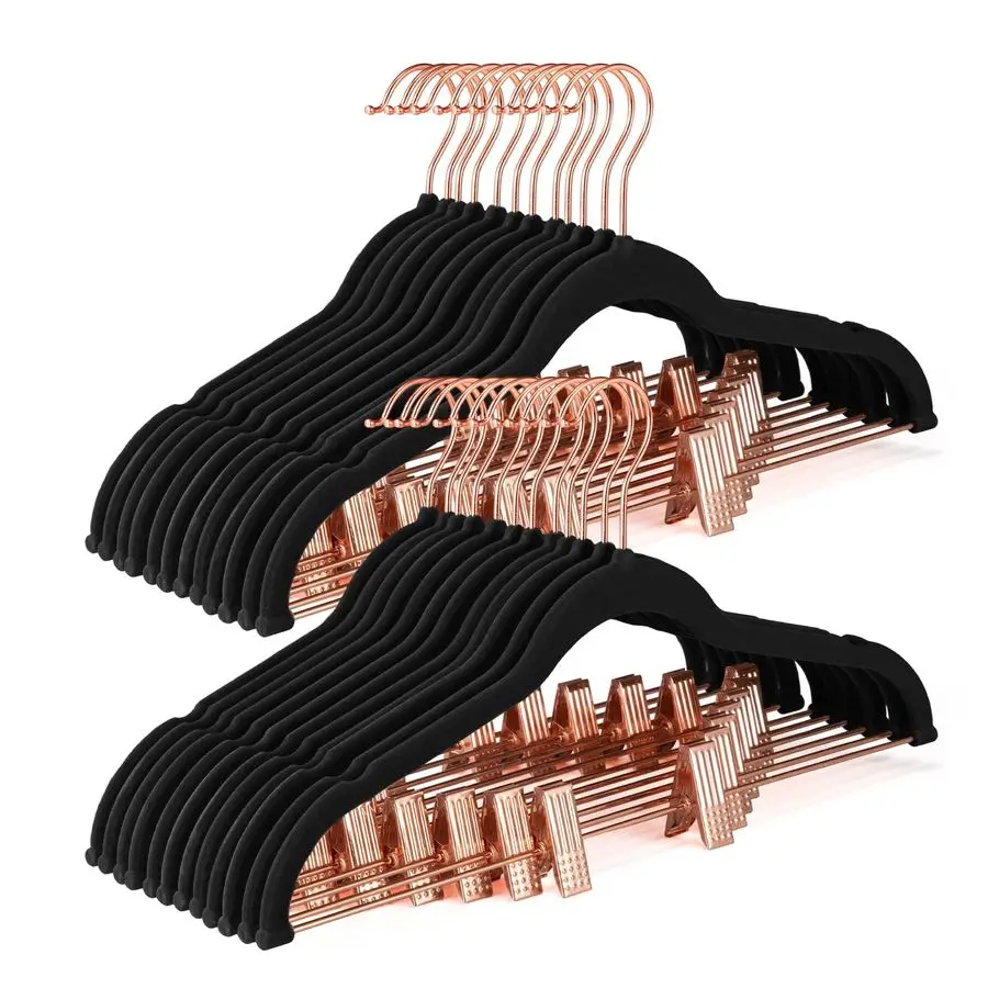 

Velvet Pants Hangers with Clips 24 Pack, Ultra Thin Non Slip Velvet Skirt Hangers with Rose Gold Hooks Space Saving Clothes Hang