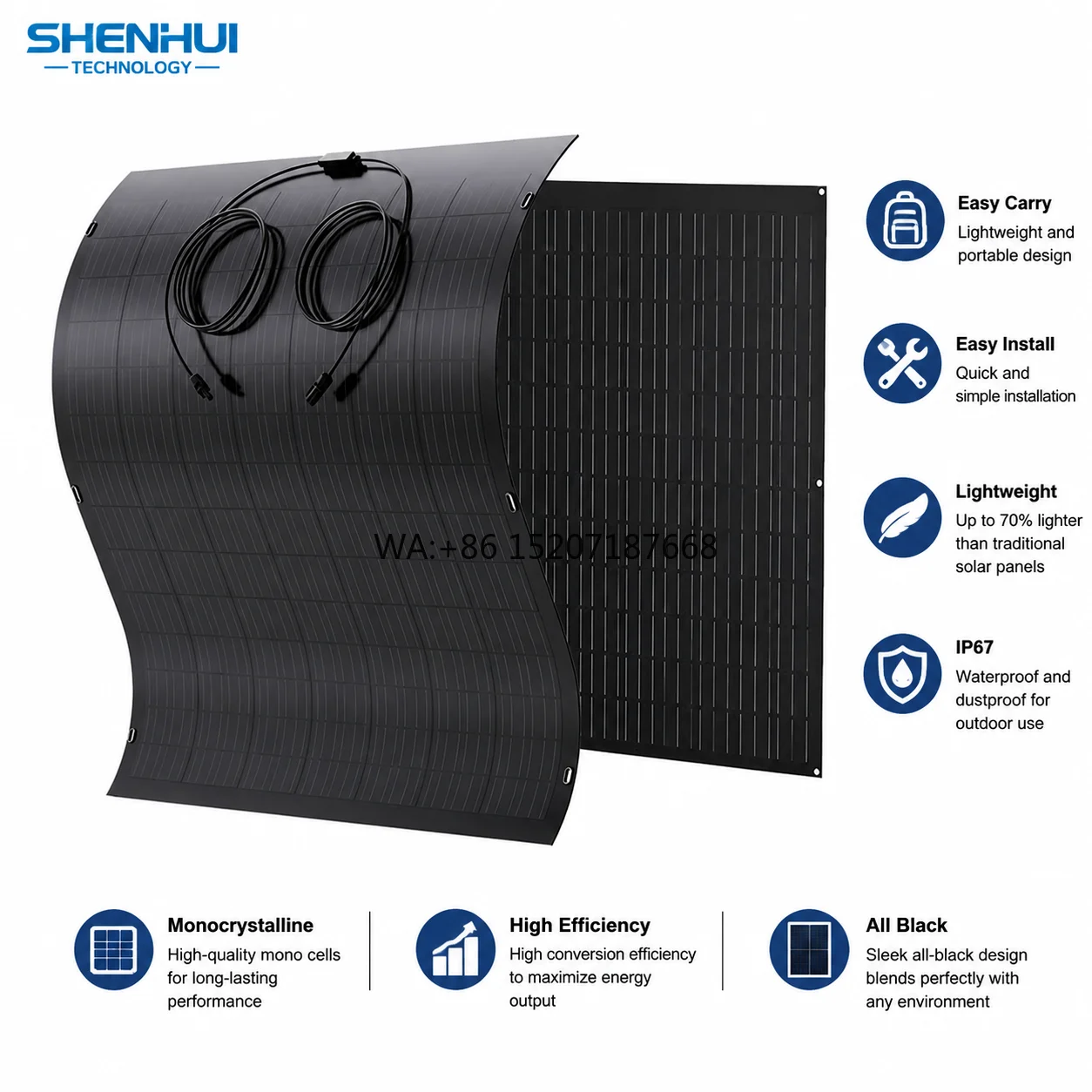 Flexibility Monocrystalline BIPV Solar Panels High Efficiency IP67 Waterproof All Black Mono PV Module Off Grid Solar Panel Kit