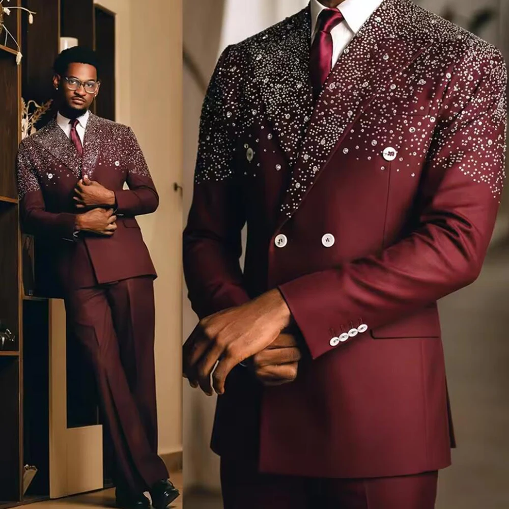 Exclusive Beading Crystals Suit Men For Wedding Double Breasted Jacket Pants 2 Piece Set Banquet Groom Tuxedos Evening Outfits