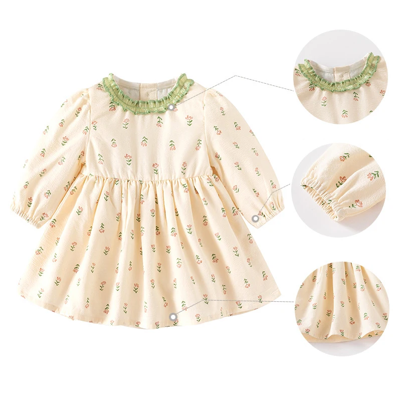 2024 Spring Autumn Baby Girls Dress Cotton Floral Printetd Ruched Lace Infant Girls Dress Knotbow Sweet Toddler Girl Drress