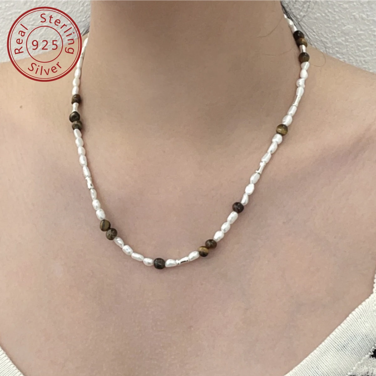 925 silver natural Baroque freshwater pearl tiger eye stone beaded necklace, French retro, simple senior feeling