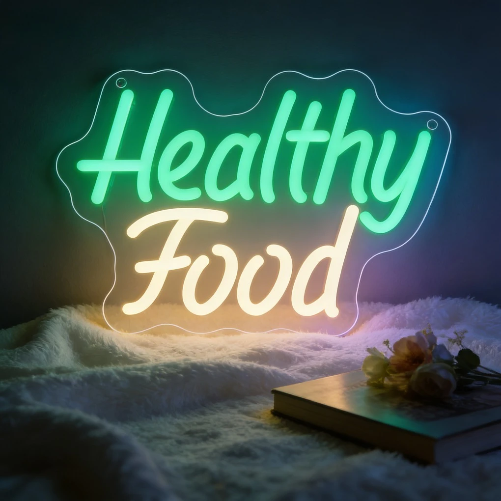 

Healthy Food Wave Green LED Neon Sign USB Dimmable Neon Light for Kitchen Gym Vegan Restaurant Wellness Yoga Studio Decor
